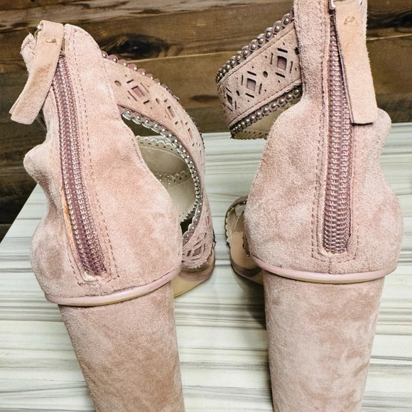 ZARA Mauve pink Laser Cut Heel studded Sandal US8 holidays suede chunky heel - Picture 5 of 5